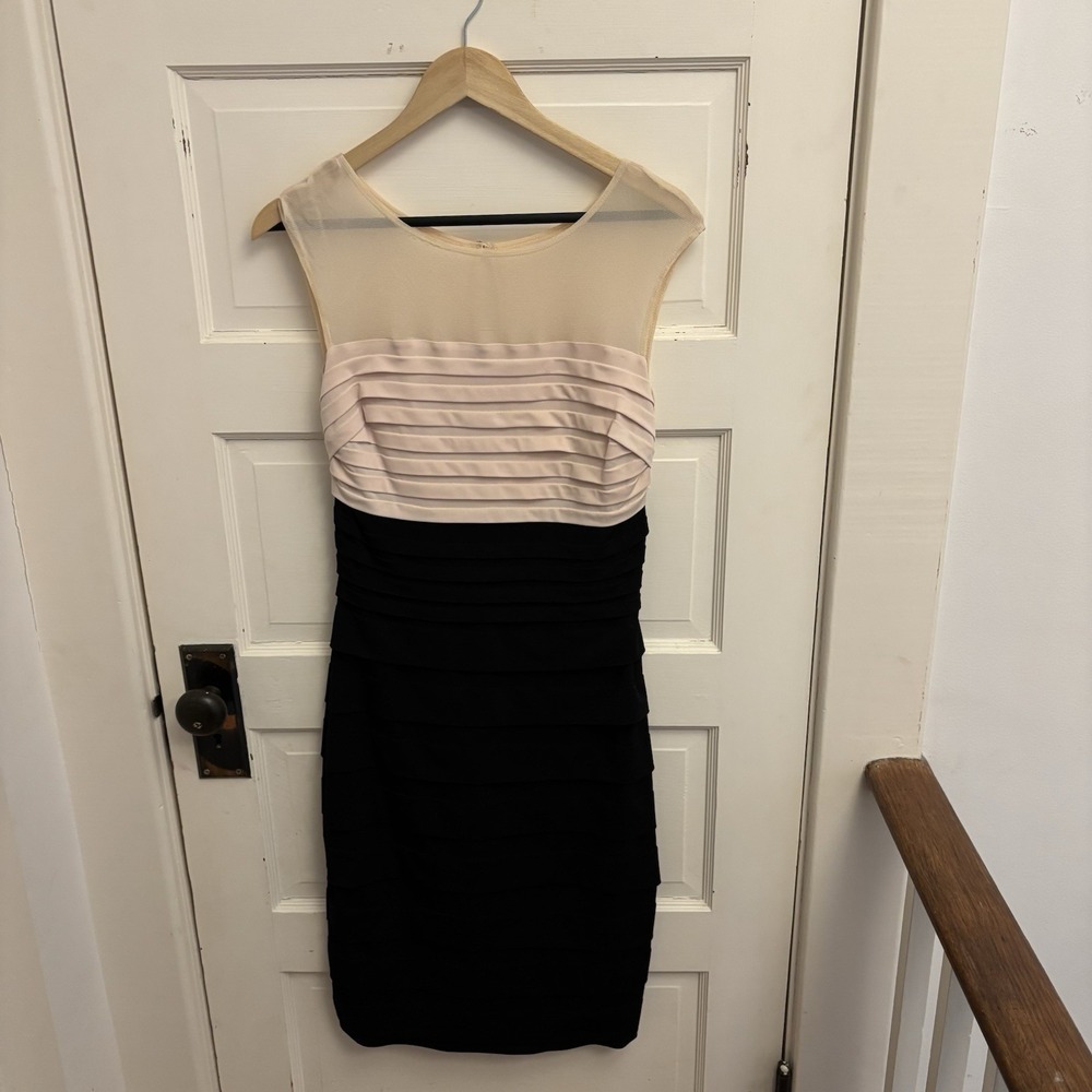 Sangria Women's Pink Black Sheath Dress Cocktail Colorblock Sheer Top Size 10
